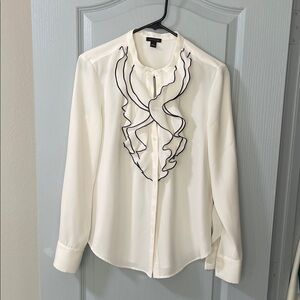 Ann Taylor Ivory Blouse with Black Ruffle Detail